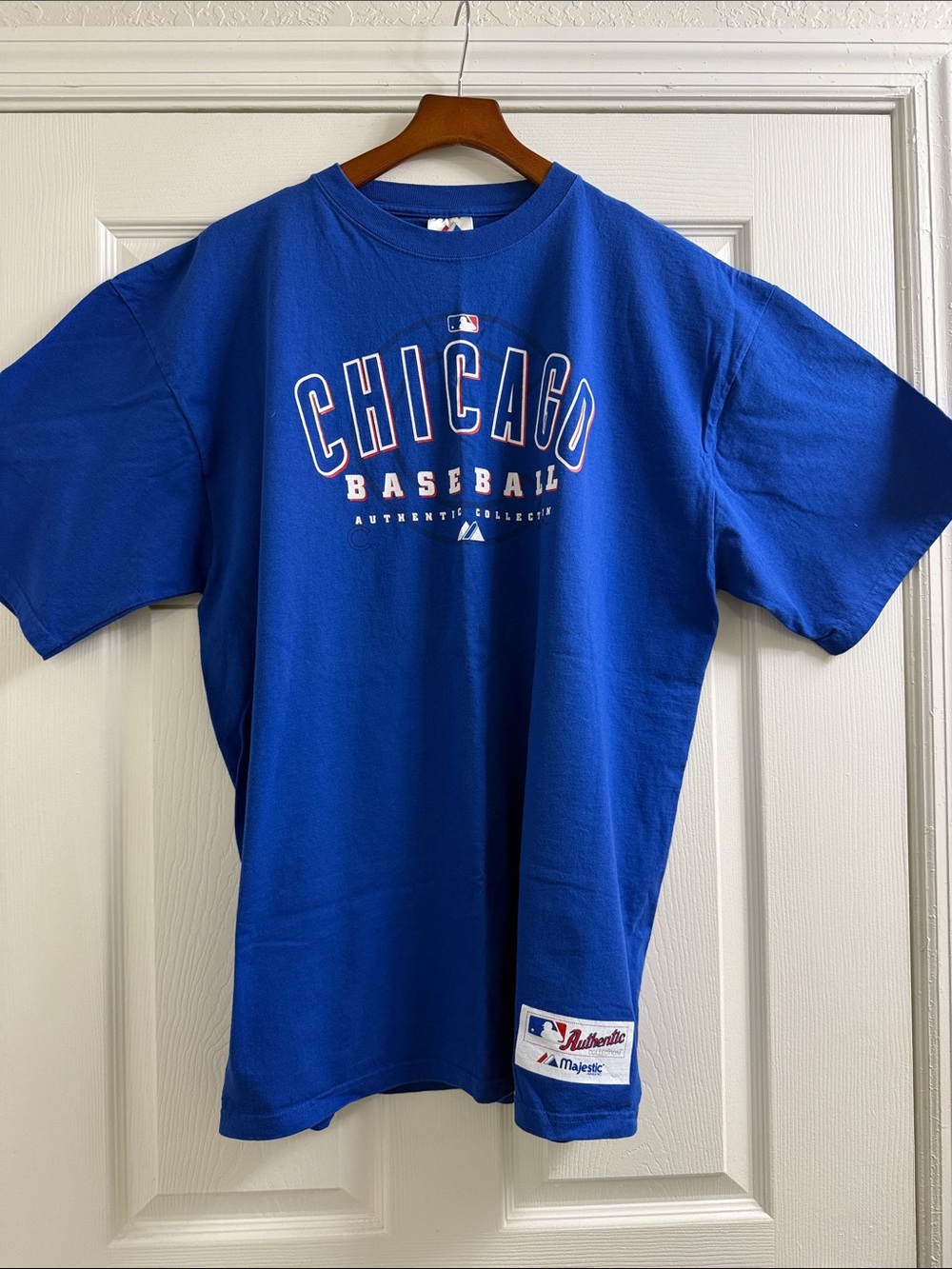 Majestic Royal Blue Chicago Baseball Tee with White & Red Lettering